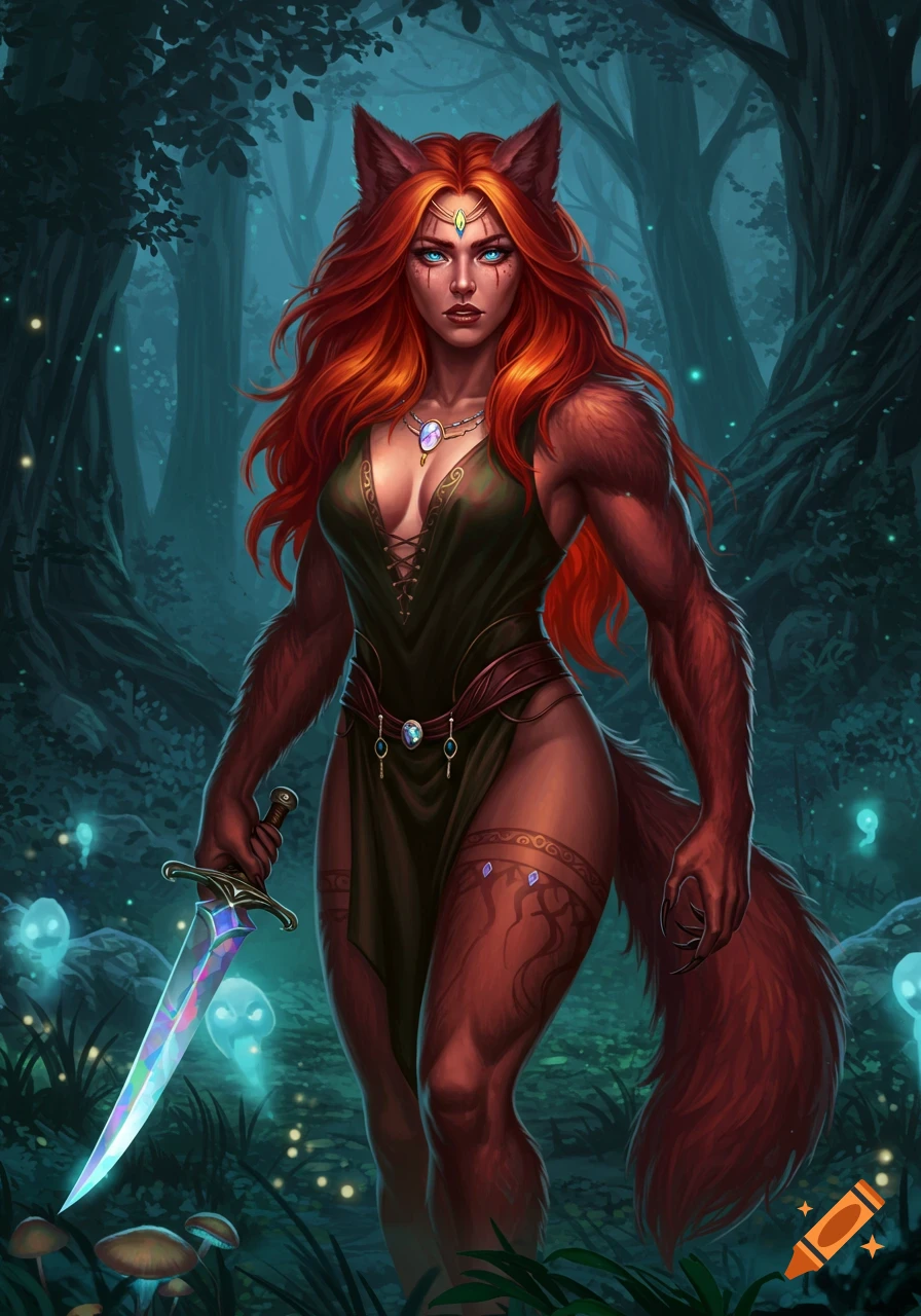 A fierce female werewolf with fiery red hair, blue eyes, and furry arms stands in a magical forest, holding a glowing sword.