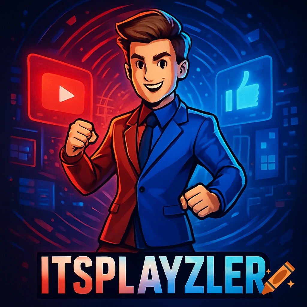 Cartoon logo of a man in a half-red, half-blue suit, smiling, with YouTube and like icons. Text 'ITSPLAYZLER'.