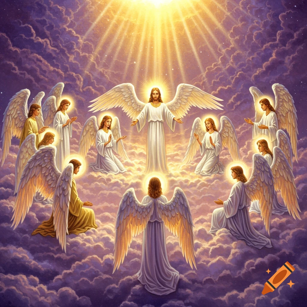 A radiant, winged figure resembling Jesus stands on clouds, surrounded by many angels in a bright, heavenly setting.