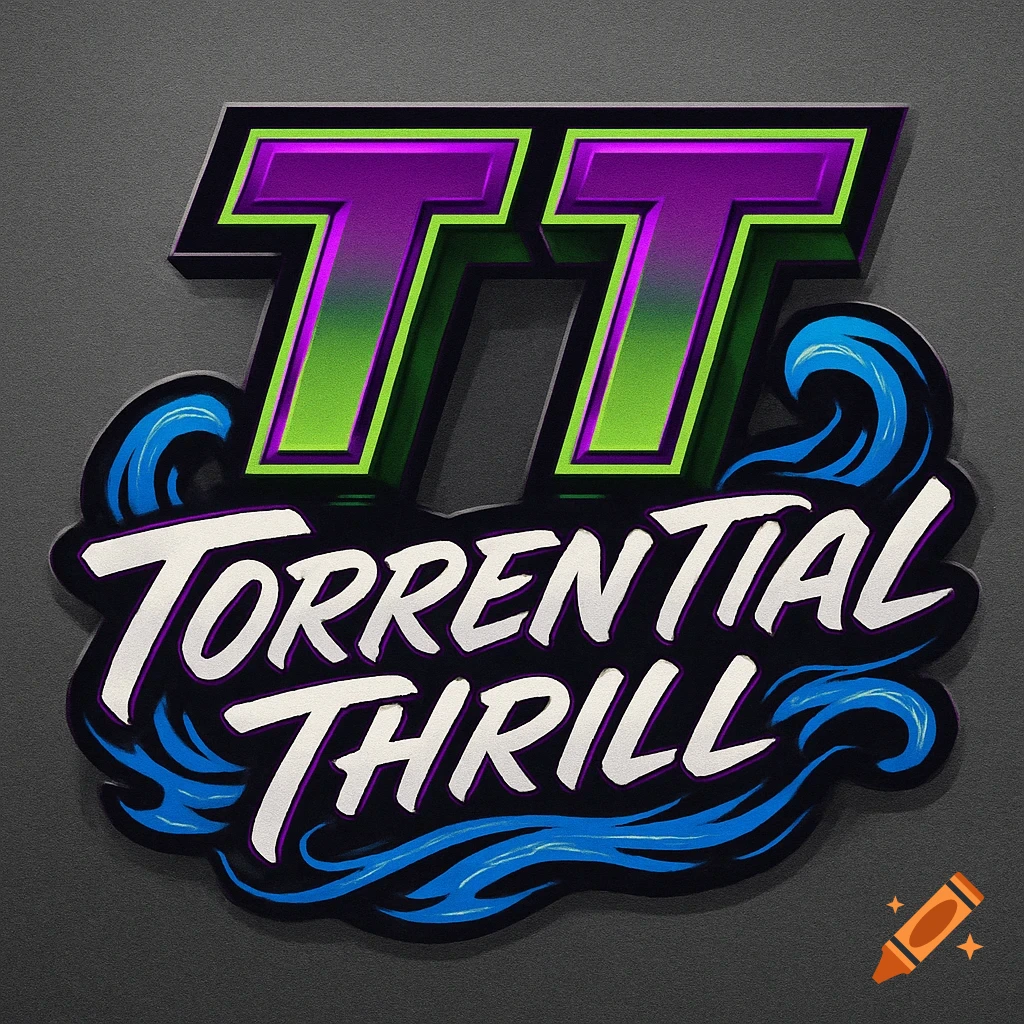 Stylized logo with purple and green gradient 'TT' over 'Torrential Thrill' text with blue waves, on a dark grey background.