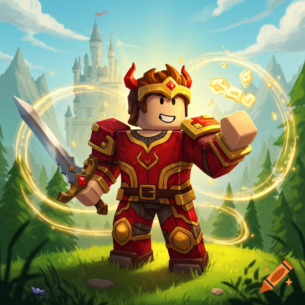 A smiling Roblox-style knight in red and gold armor holds a sword, surrounded by a magical glow, with a castle and forest in the background.