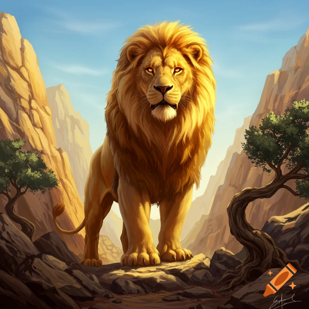A majestic golden lion with glowing eyes stands proudly on a rocky outcrop amidst a sunlit, mountainous landscape with sparse trees. Illustrated style.