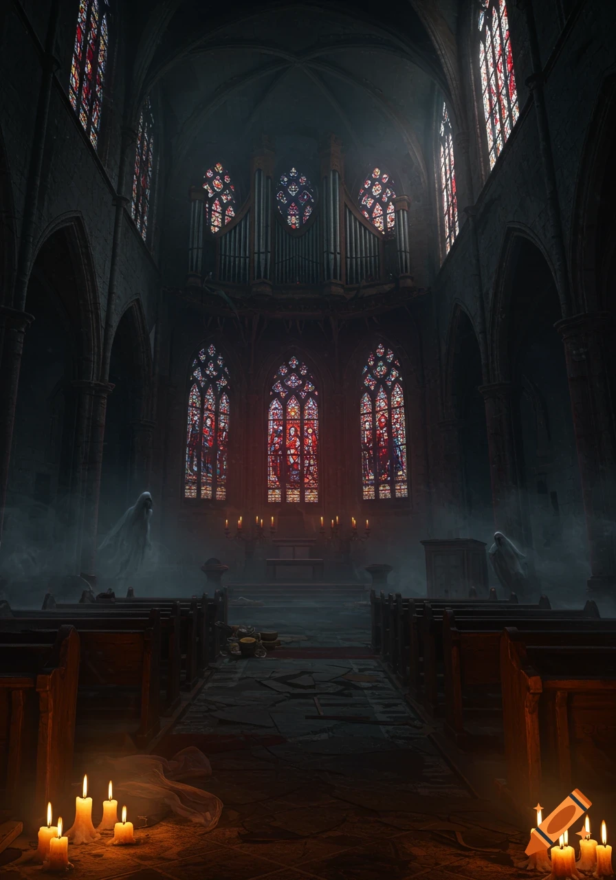 A dark, atmospheric gothic church interior with stained glass windows, an organ, lit candles, and two ethereal ghostly figures.