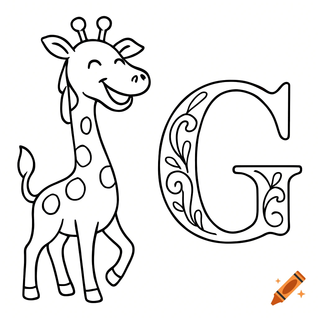 Black and white coloring book illustration of a happy cartoon giraffe standing next to a decorative capital letter G.
