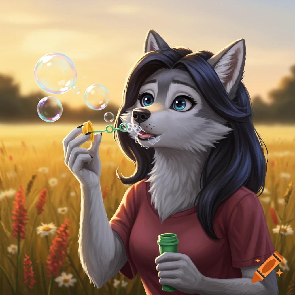 Disney-style anthropomorphic wolf woman with dark hair blowing bubbles in a golden field at sunset.