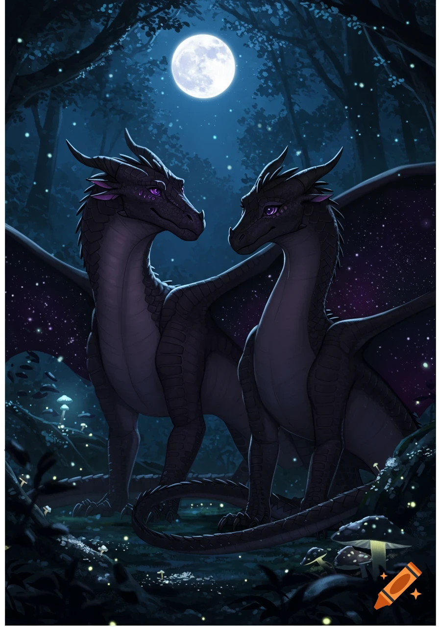 Two dark-scaled dragons with purple eyes and starry wings stand in a moonlit forest with glowing mushrooms and fireflies.