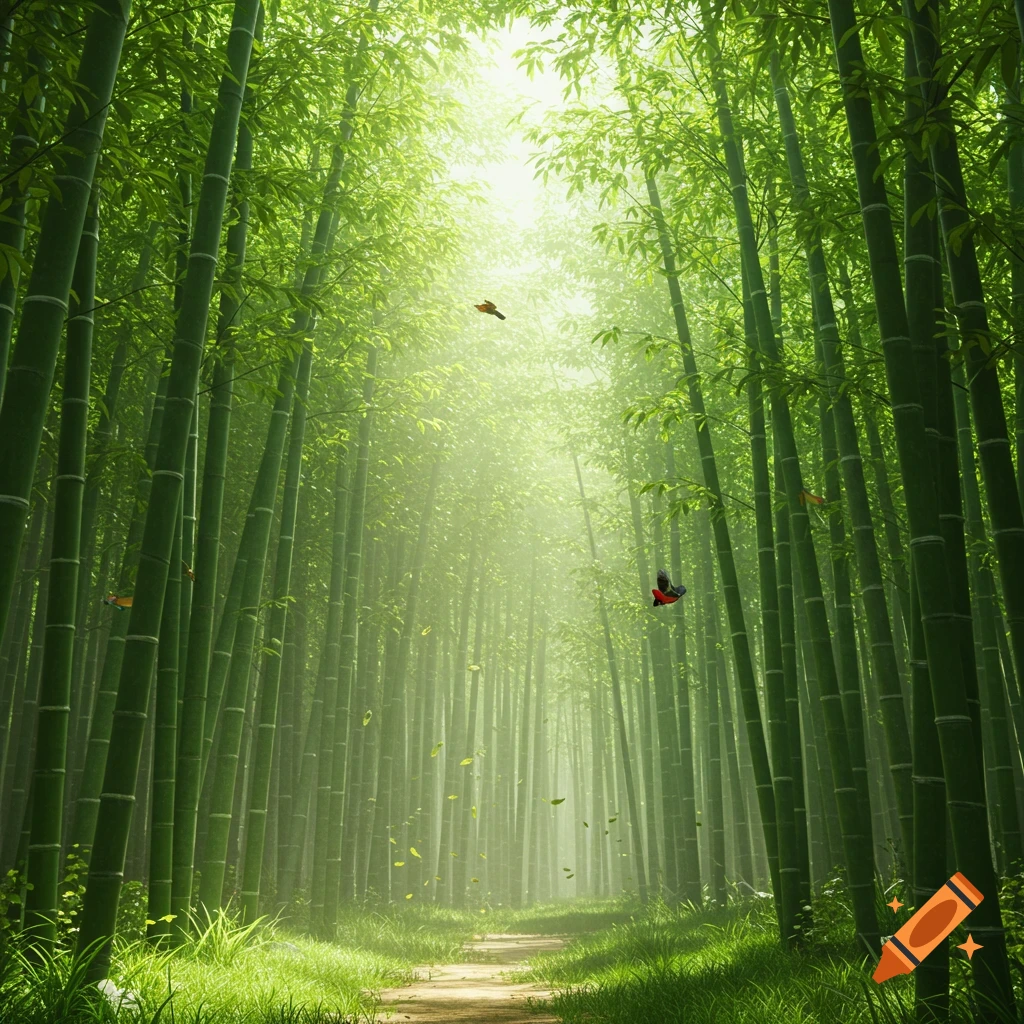 A vibrant, sunlit bamboo forest with a path winding through tall green stalks, light filtering from above.