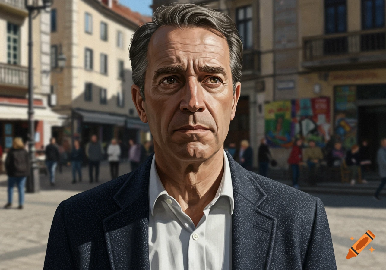 Photorealistic portrait of a serious middle-aged man with gray hair in a blue jacket, standing on a sunny blurred city street.