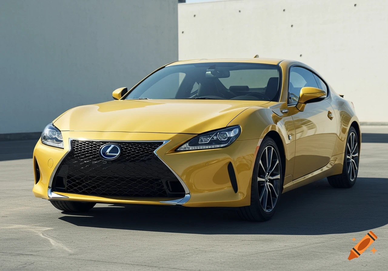 A yellow Lexus sports car is parked on a concrete surface with a light-colored building in the background on a sunny day.