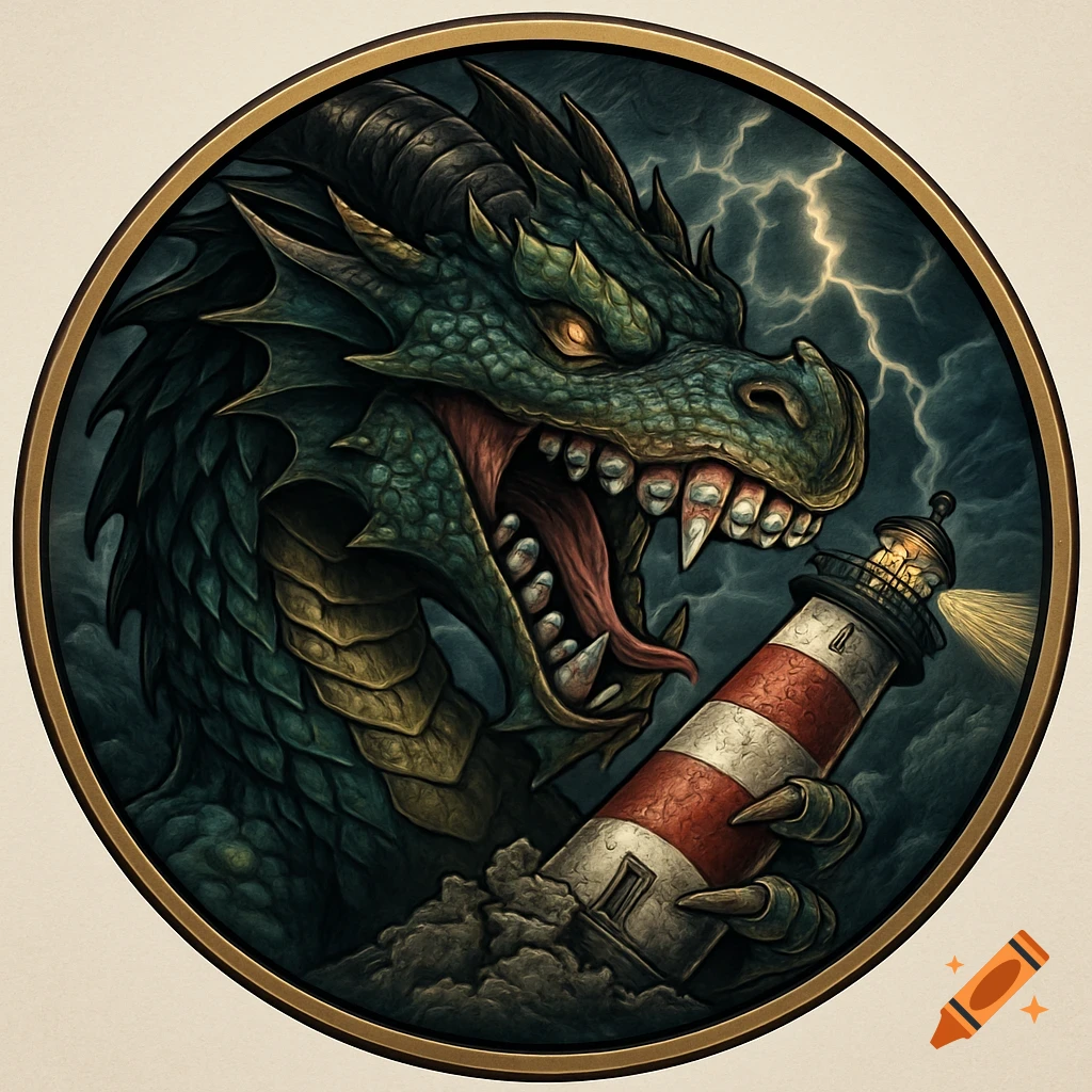 A fierce green dragon with braced teeth holds a striped lighthouse under a stormy, lightning sky in a circular fantasy illustration.