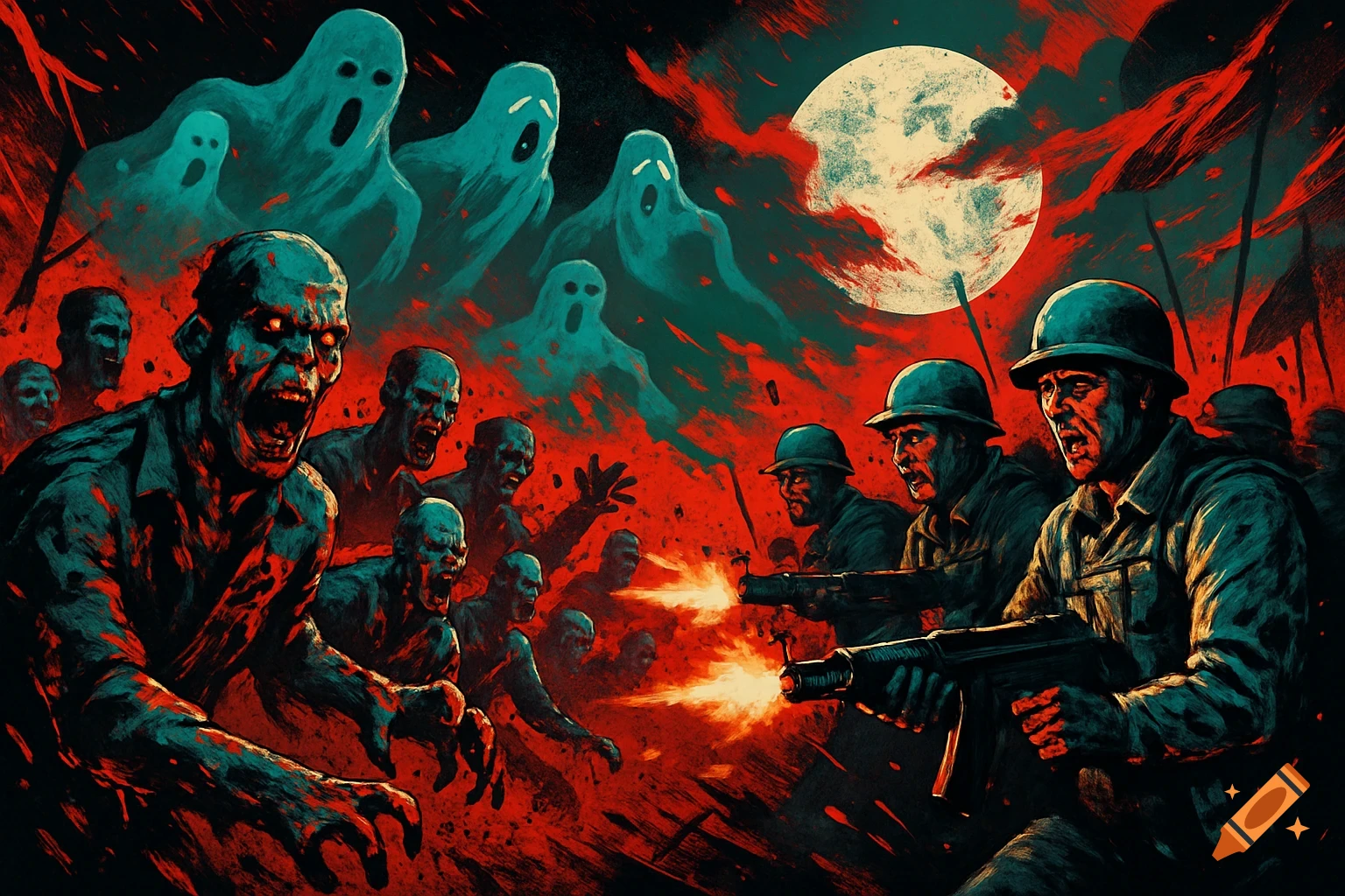 Stylized horror art of soldiers battling an army of green zombies and teal ghosts under a full moon.