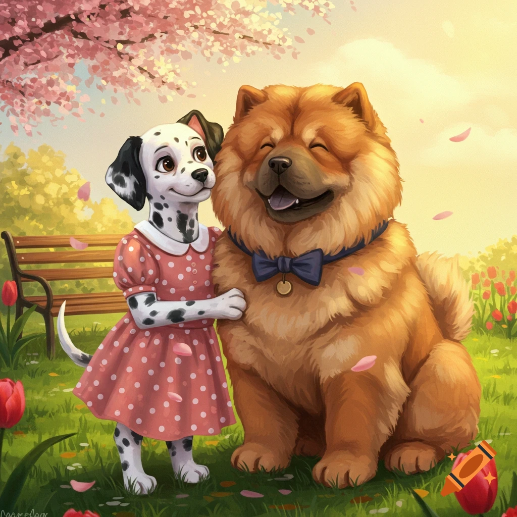 A cartoon Dalmatian puppy in a pink polka dot dress hugs a smiling Chow Chow puppy in a blue bow tie in a spring park with cherry blossoms.