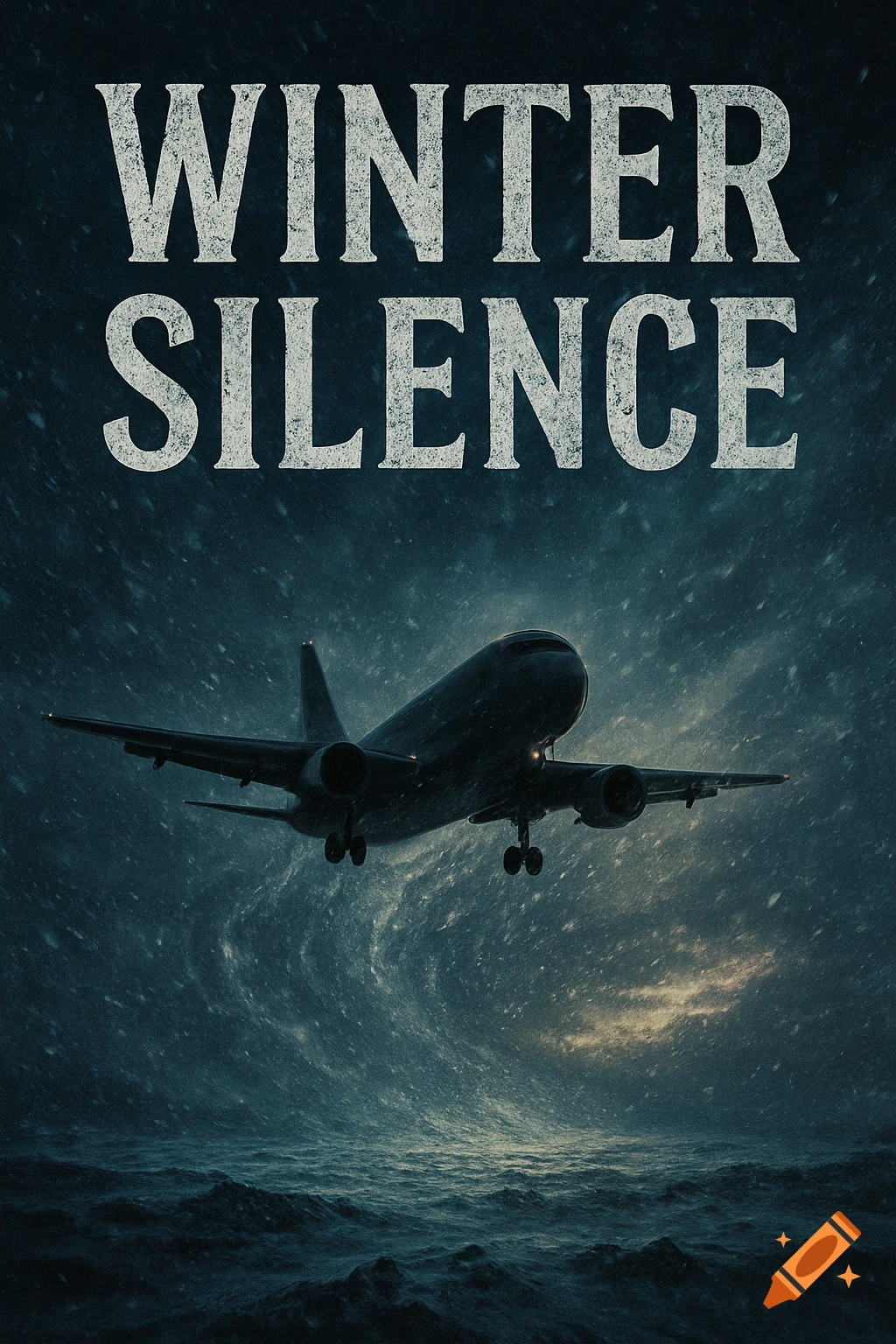 A dark, moody image of an airplane flying low over stormy, choppy waters during a heavy snowfall, with the title 'Winter Silence'.