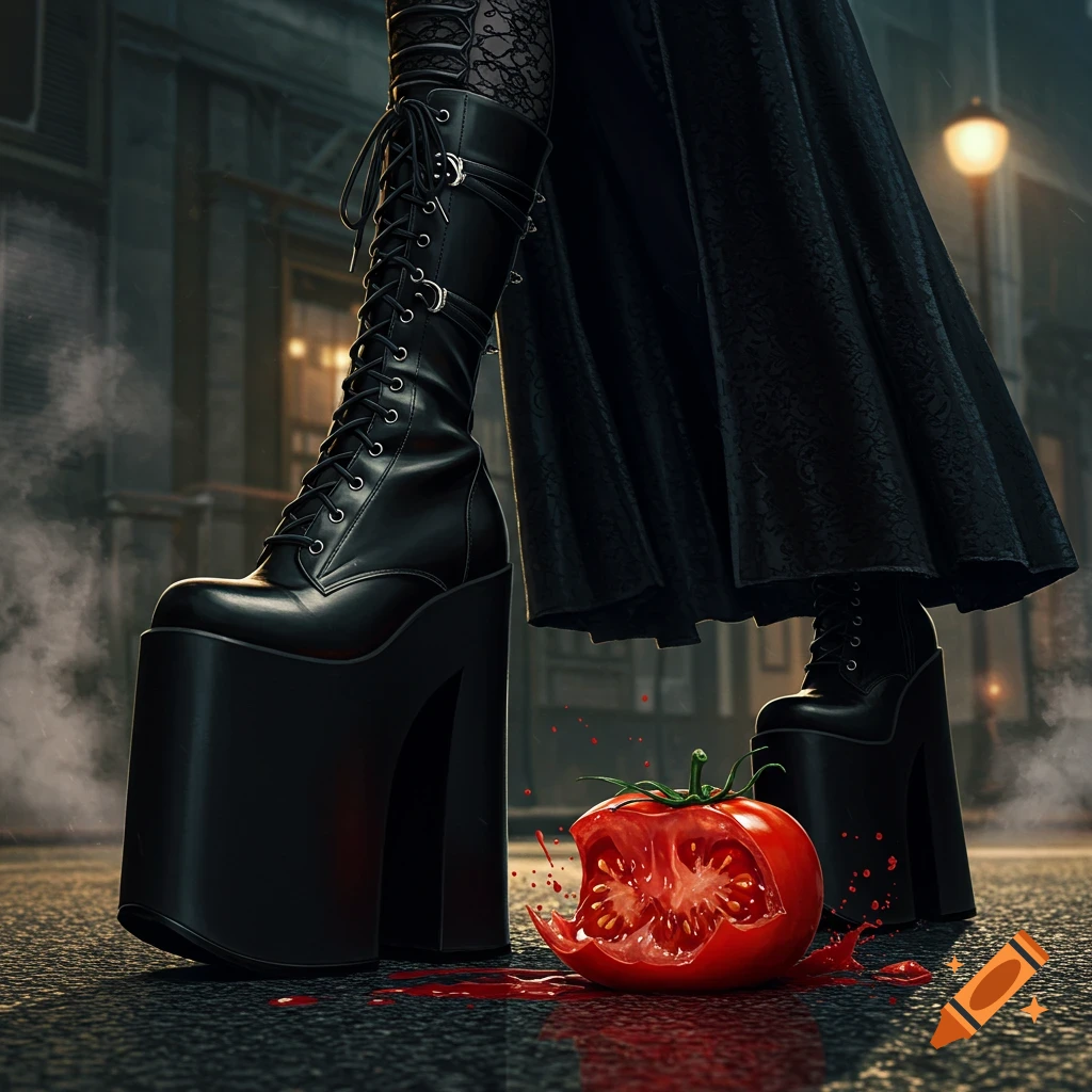 Close-up of a person in black goth platform boots crushing a red tomato on a dark, wet city street at night, photorealistic style.