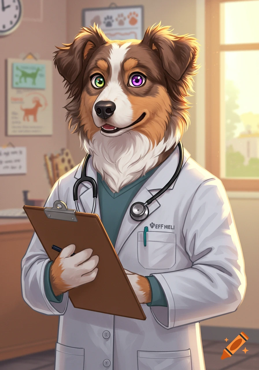 A cartoon Australian Shepherd dog with heterochromia wears a doctor's lab coat and stethoscope, holding a clipboard in a vet's office.