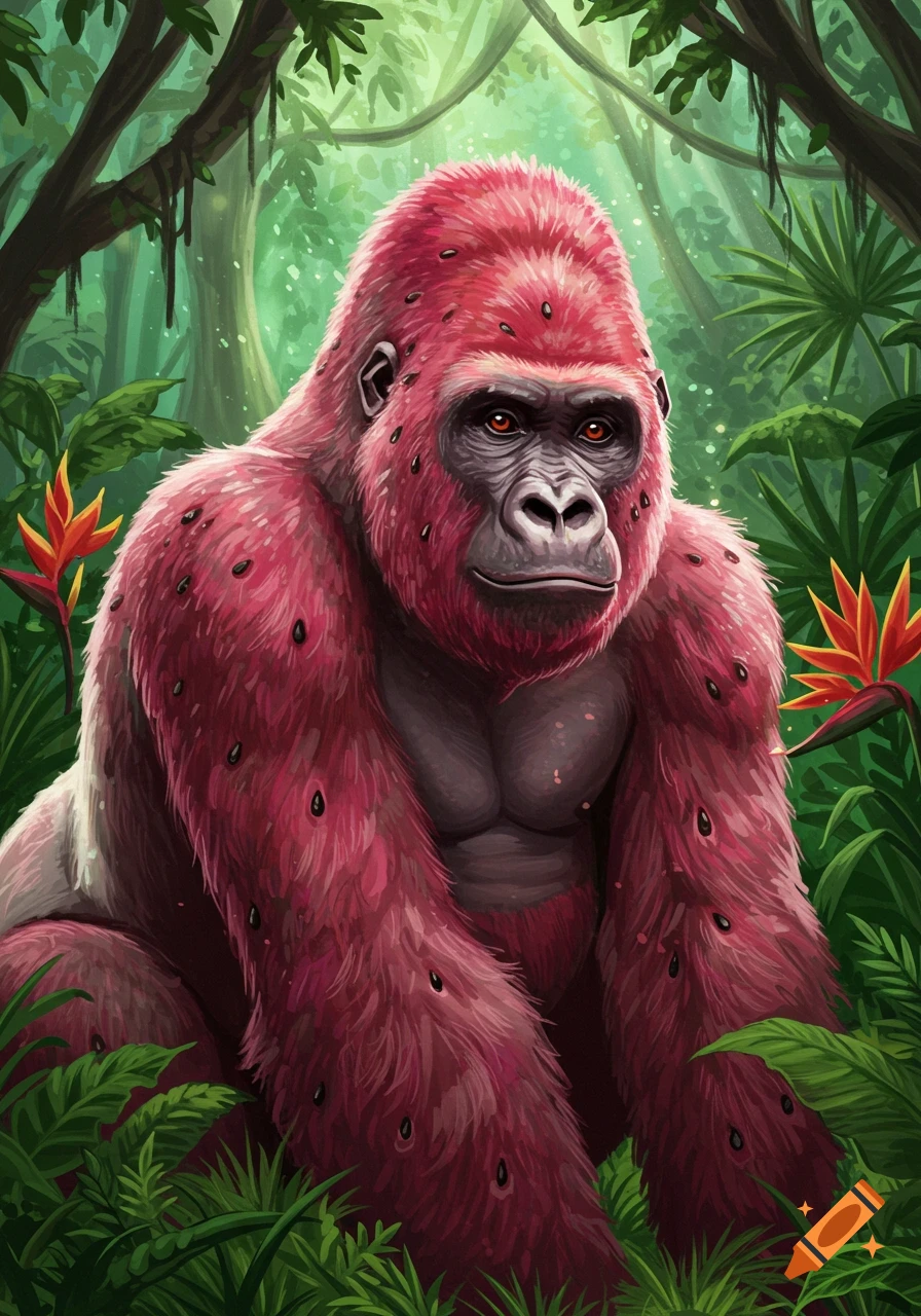A pink gorilla with black spots, resembling a watermelon, sits in a lush jungle. Digital illustration.