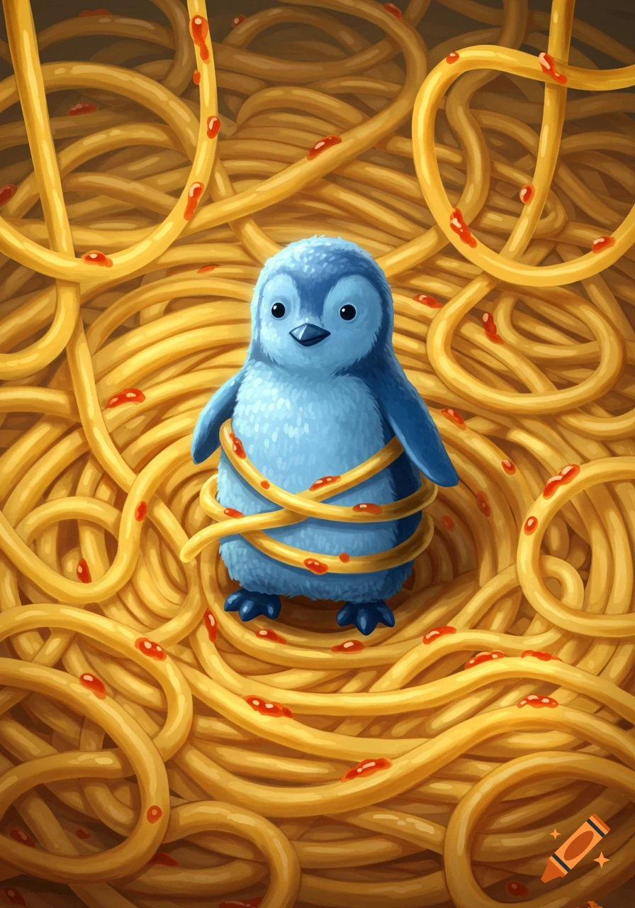 A cute blue cartoon penguin stands among a tangled pile of spaghetti with red sauce dots, some strands wrapped around its body.