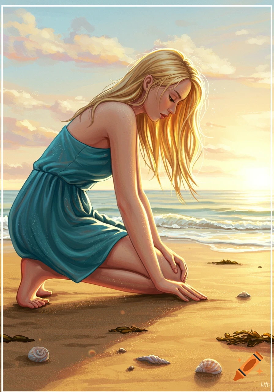 Digital art of a blonde woman in a teal dress kneeling on a sandy beach at sunset, looking at shells.