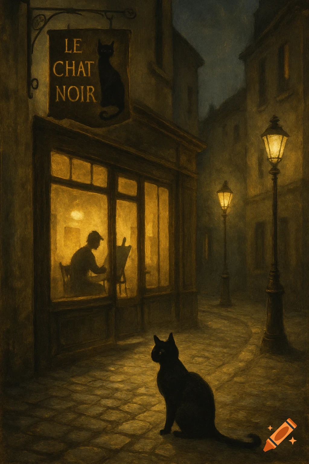 Painterly image of a black cat on a cobblestone street at night, looking at a warmly lit cafe with a 'LE CHAT NOIR' sign and an artist painting inside.