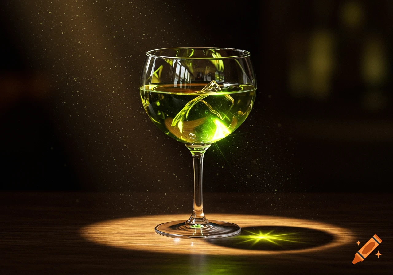 A photorealistic image of a glowing green chartreuse cocktail with an ice cube, illuminated by a spotlight on a wooden table.