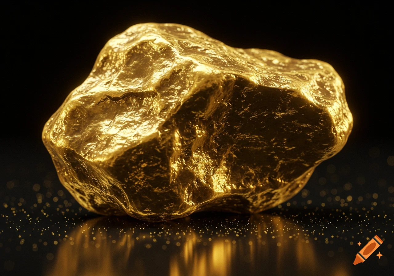 A photorealistic gold nugget with a reflective surface sits on a dark background with sparkling golden dust.