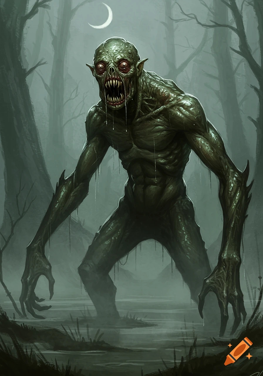 A gaunt, green-skinned monster with sharp teeth and glowing red eyes stands in a misty swamp under a crescent moon, digital painting.