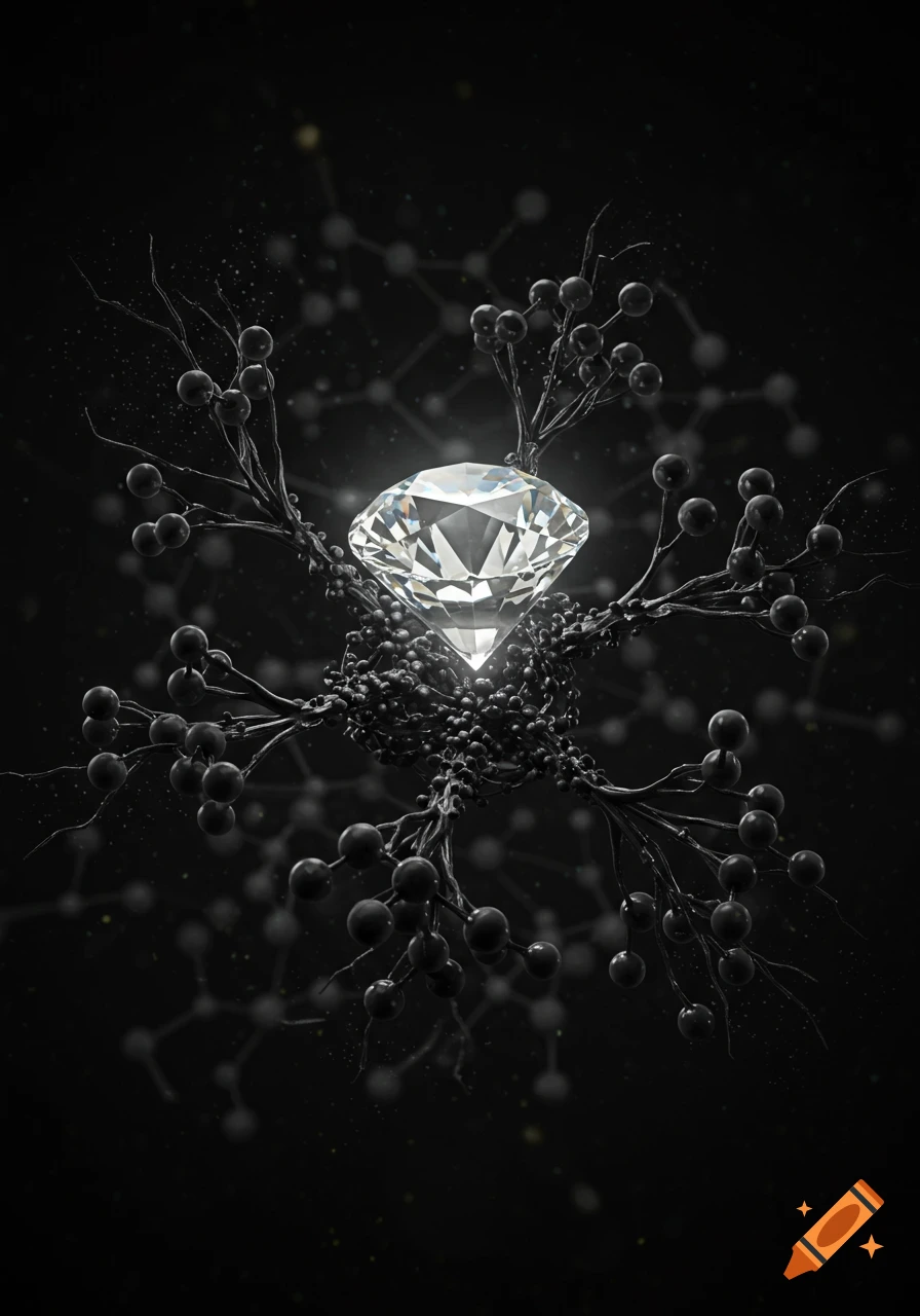 Brilliant cut diamond glowing, surrounded by dark, intricate branching structures and spheres, on an abstract dark background with molecular patterns.