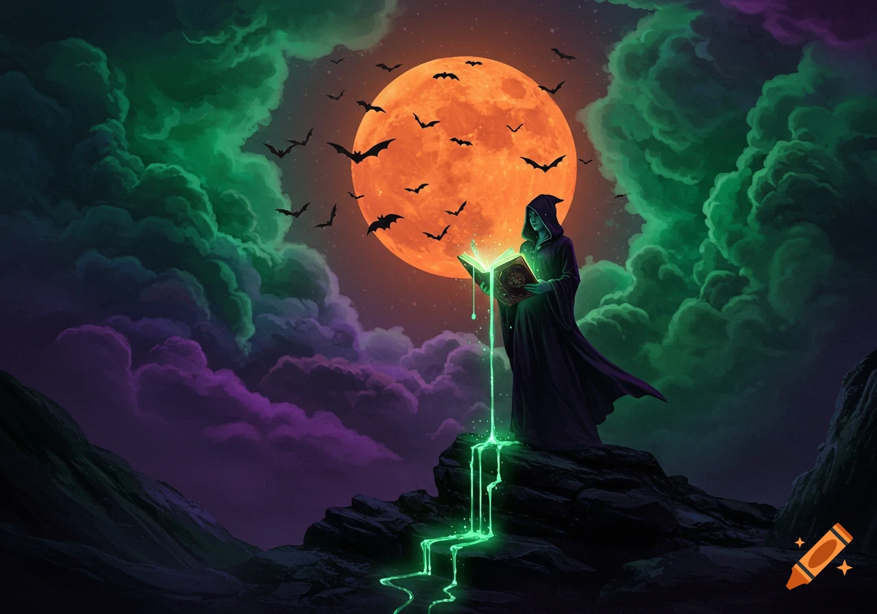 A witch in a dark robe reads a glowing spellbook on a rocky outcrop under an orange full moon with bats, dripping green magic.