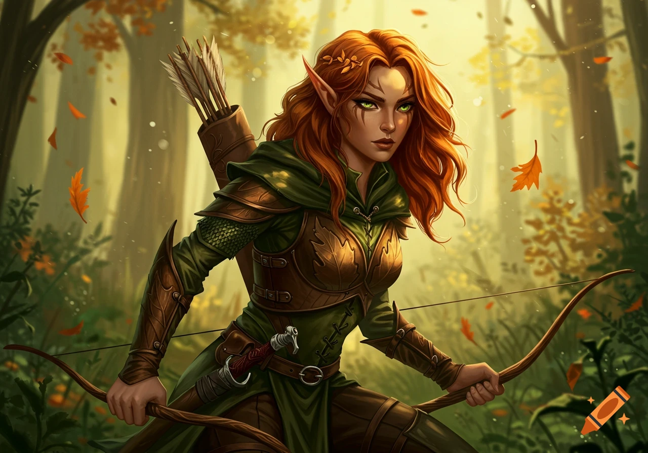 Detailed digital art of a red-haired female wood elf ranger with a bow in an autumn forest.