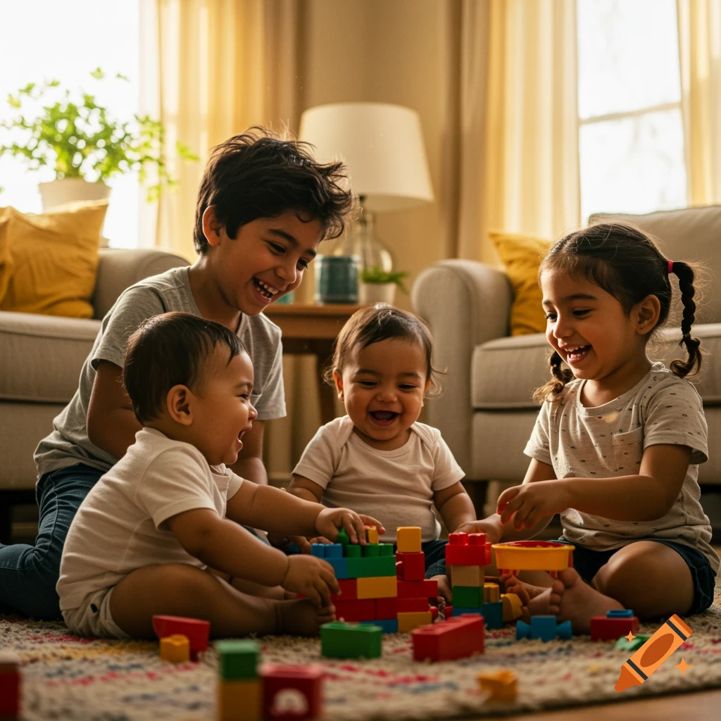 Four laughing children, two toddlers, a young girl, and an older boy, play with colorful building blocks on a rug in a sunlit living room.