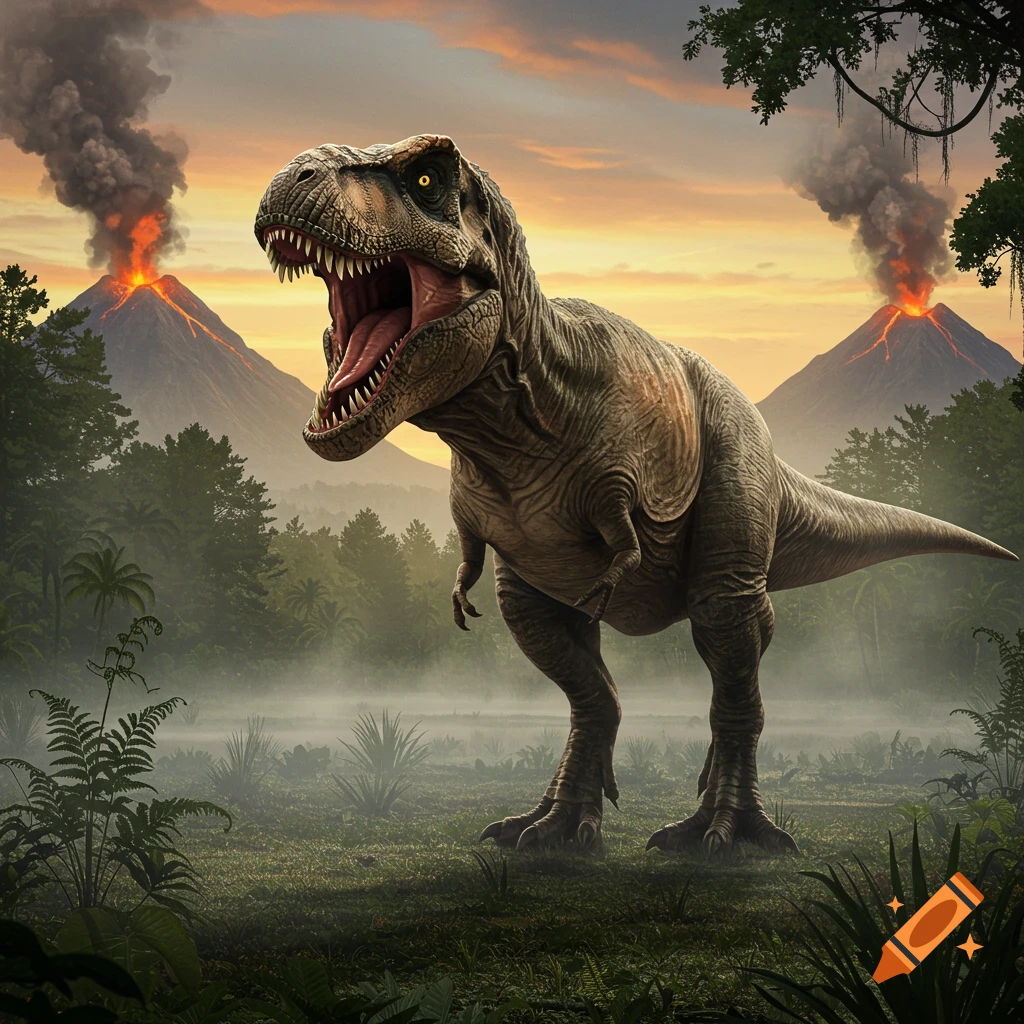 A realistic Tyrannosaurus Rex roars in a prehistoric jungle with two erupting volcanoes under an orange sky.