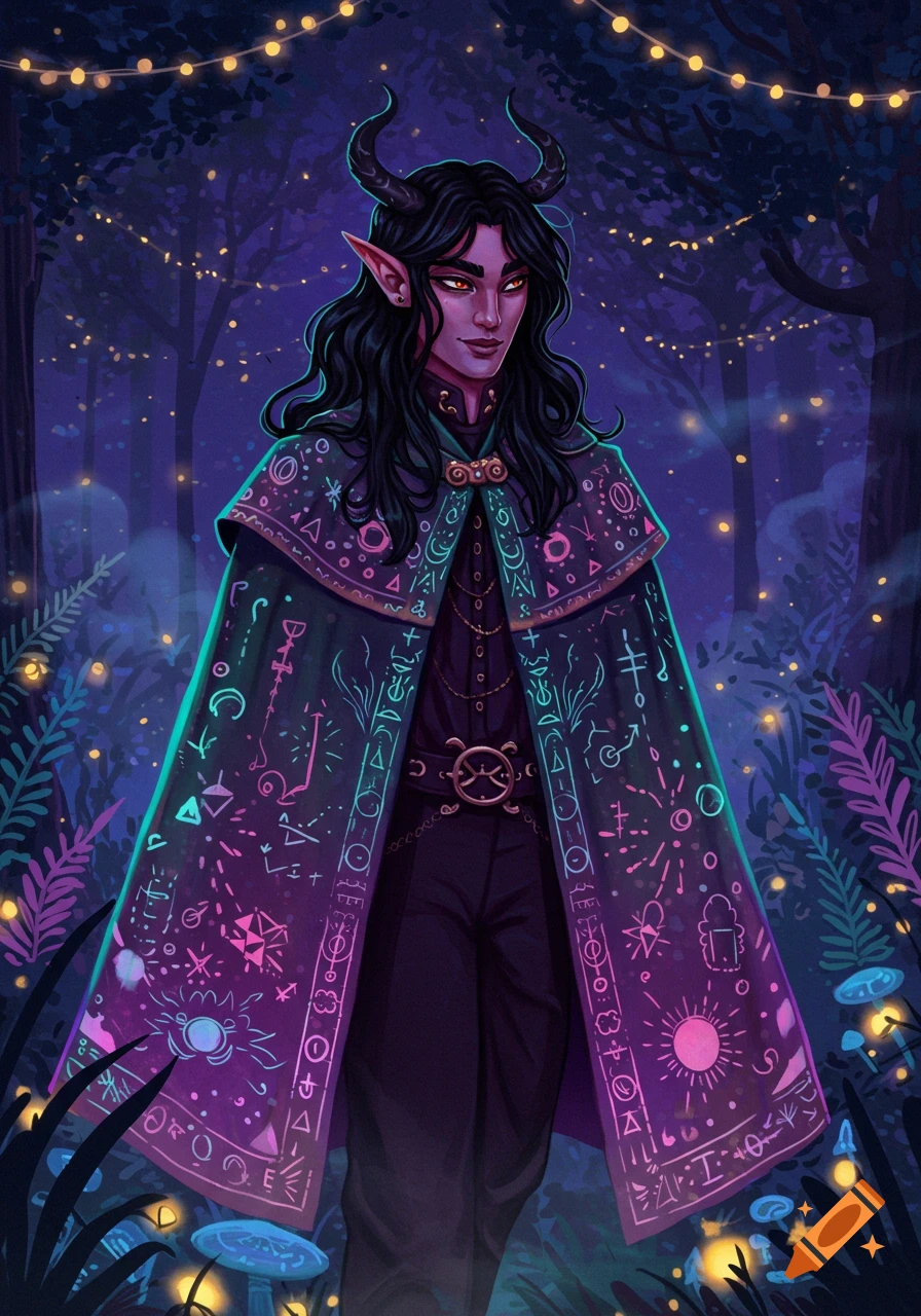 A dark-skinned horned elf-like person with long black hair, wearing an ornate cloak covered in glowing pink and cyan symbols, standing in a magical forest at night with string lights and glowing mushrooms.