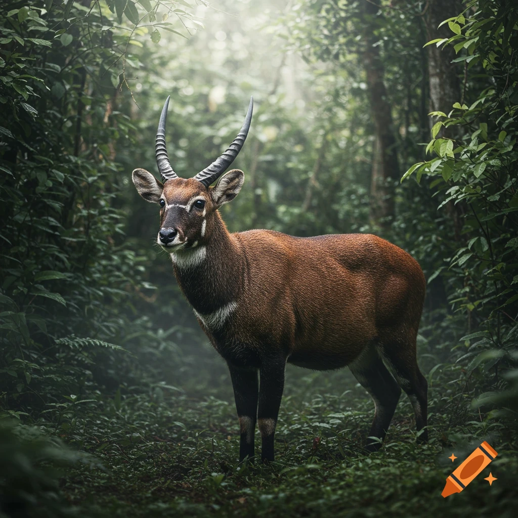 A highly realistic wildlife photo of a brown saola with long black horns and white facial markings standing in a misty green rainforest.