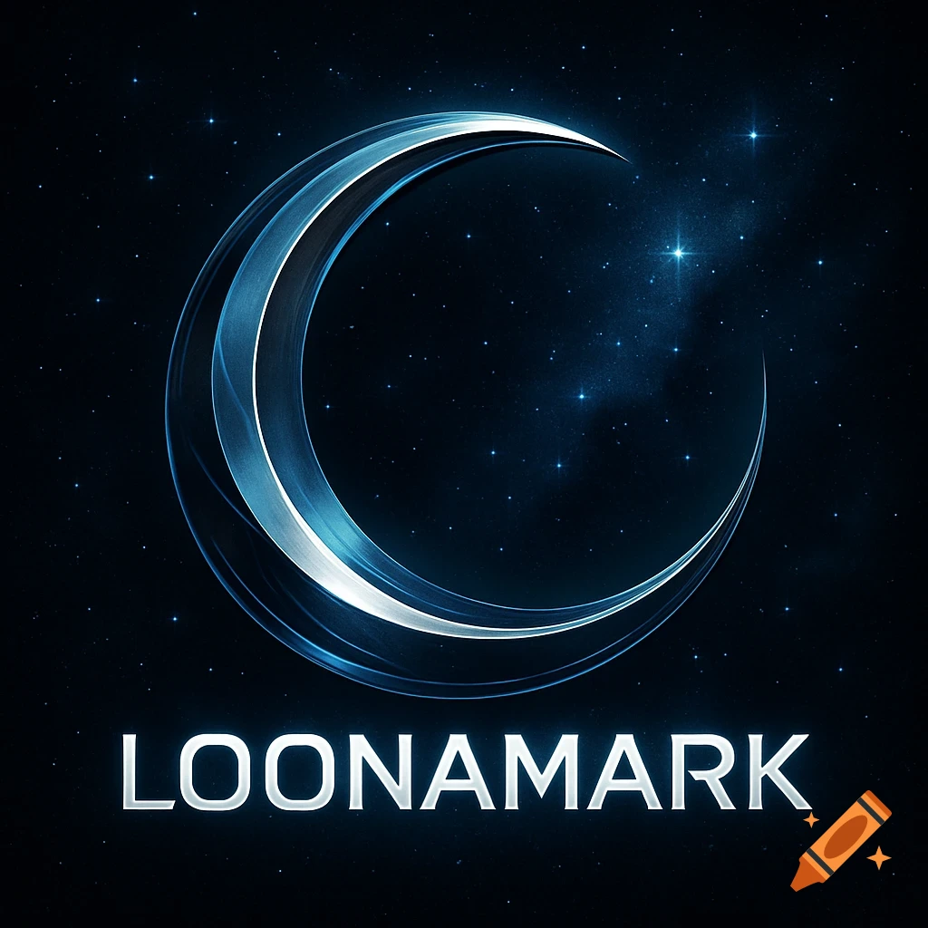 Stylized metallic crescent moon symbol against a dark starry sky with glowing text 'LOONAMARK' below.