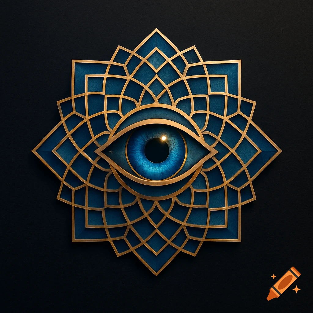 A stylized blue eye centered within an intricate gold and blue geometric mandala against a dark background.