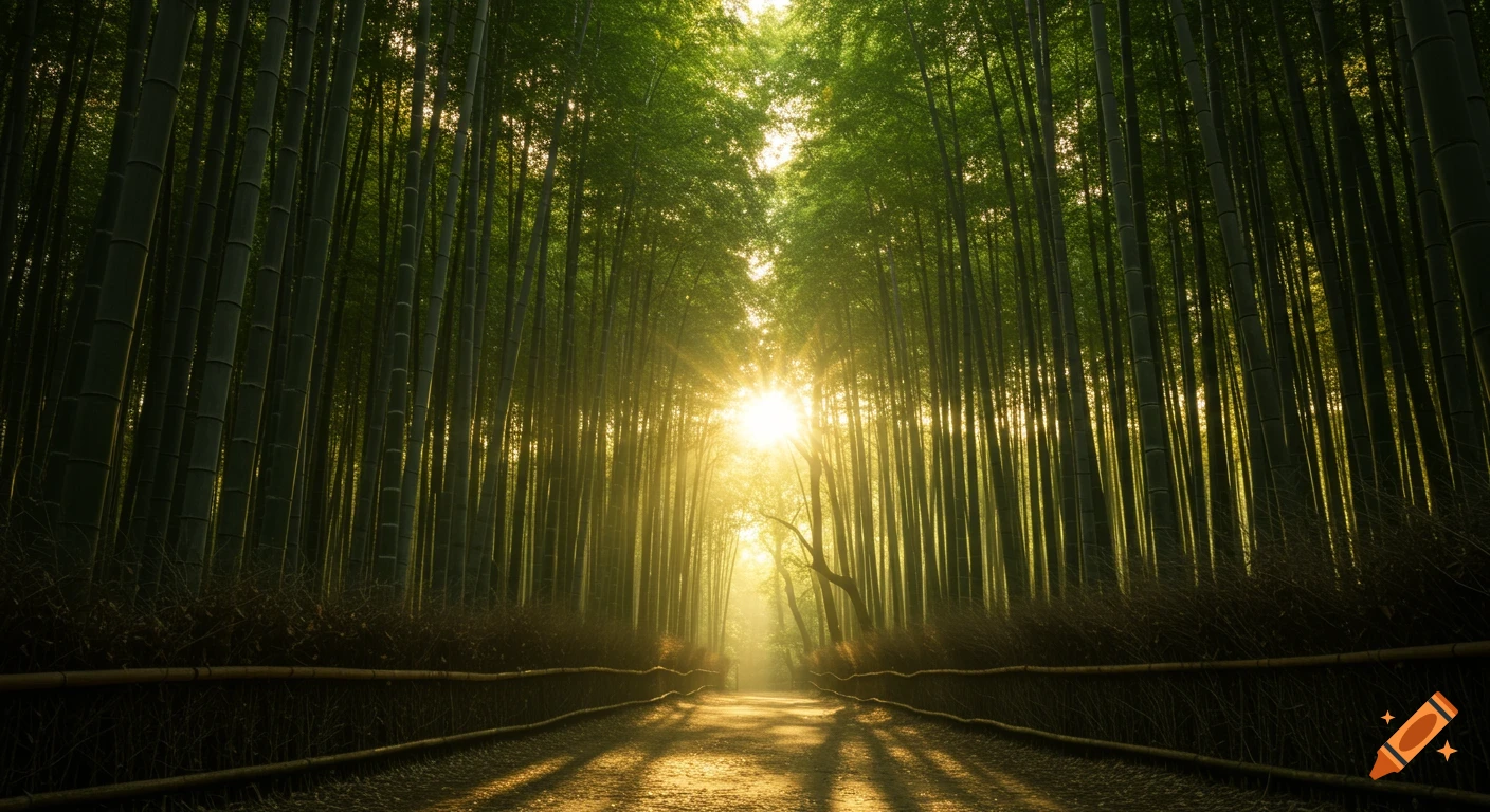 Golden sunlight streams down a path through a tall, dense bamboo forest at sunrise, creating long shadows.