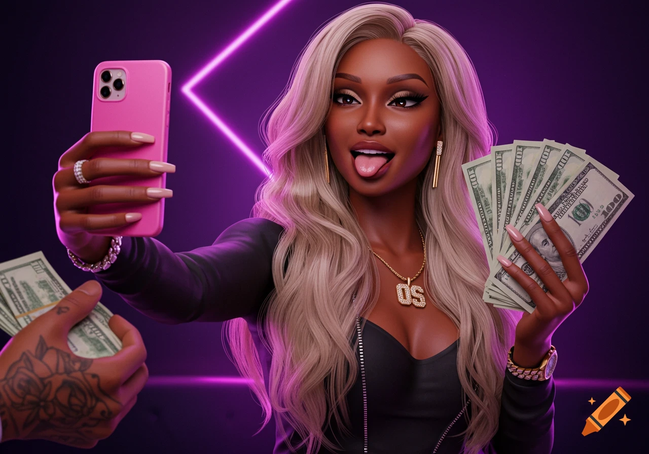 A glamorous Black woman in IMVU style takes a selfie, holding stacks of cash while another tattooed hand offers more money.