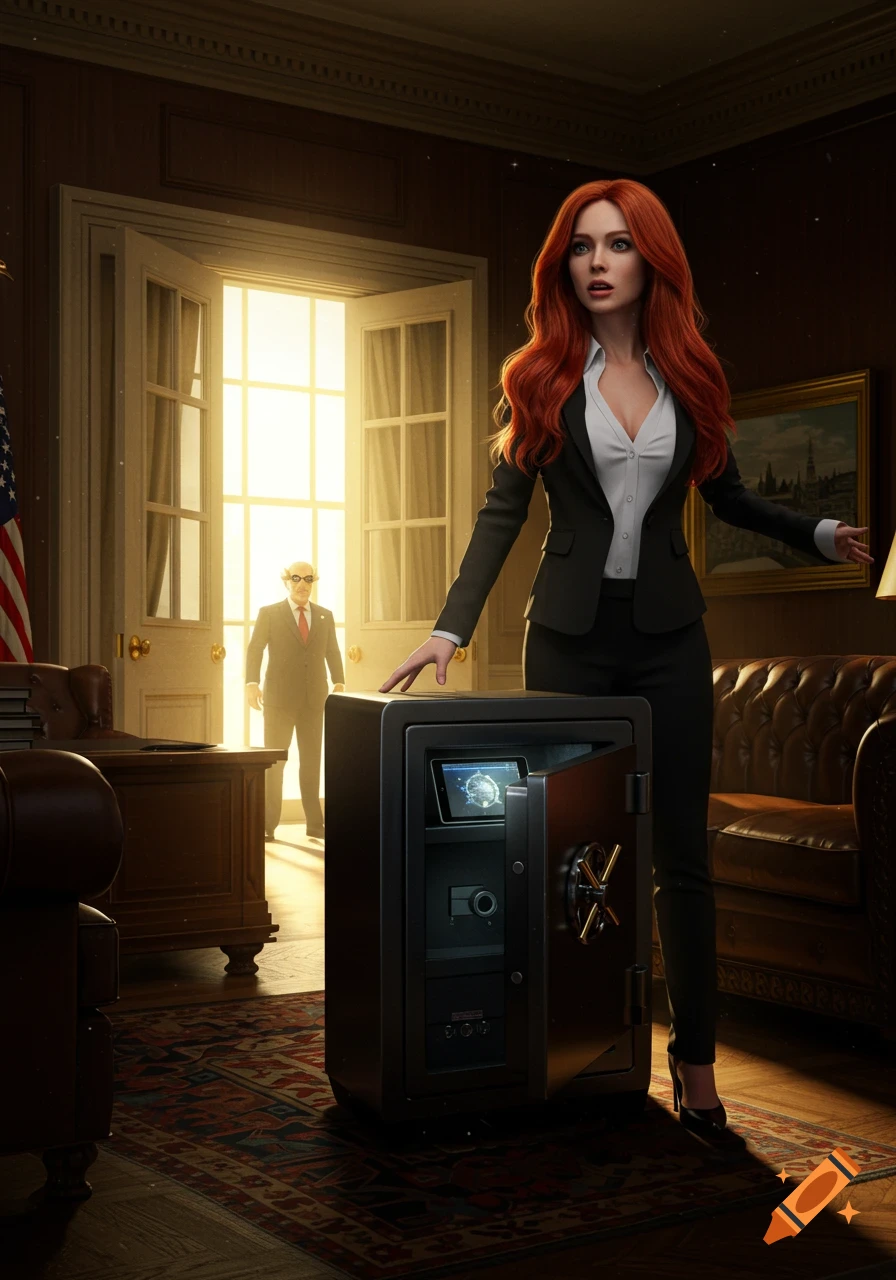 Red-haired woman in a suit next to an open safe in an office, surprised by an older man entering through a bright doorway. Photorealistic.