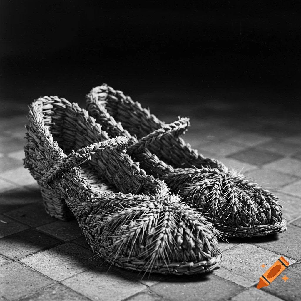 Black and white photo of two vintage-style shoes made from woven wheat stalks, lying on a tiled floor.