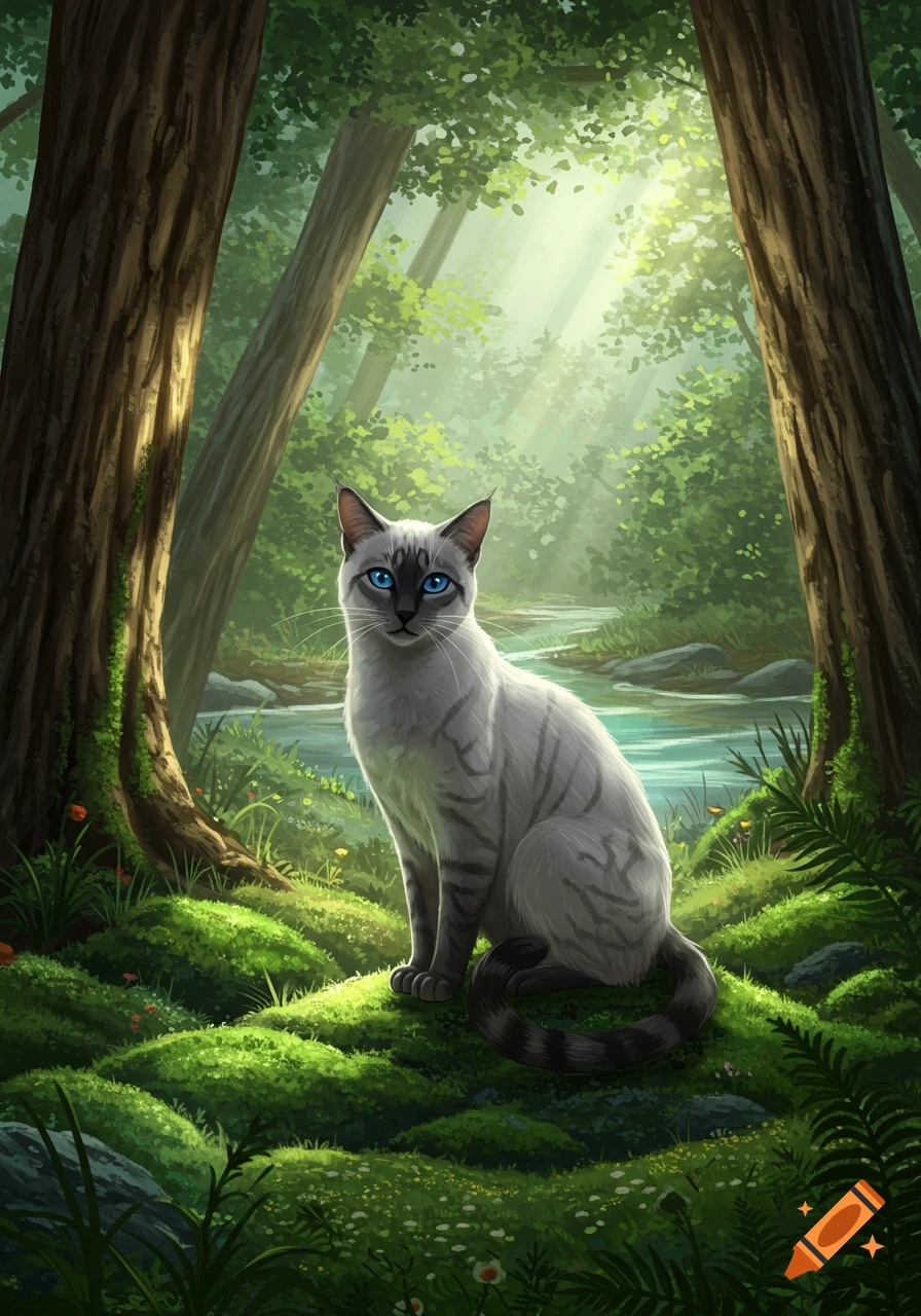 A gray cat with blue eyes sits in a lush green forest by a flowing river, bathed in sunlight.
