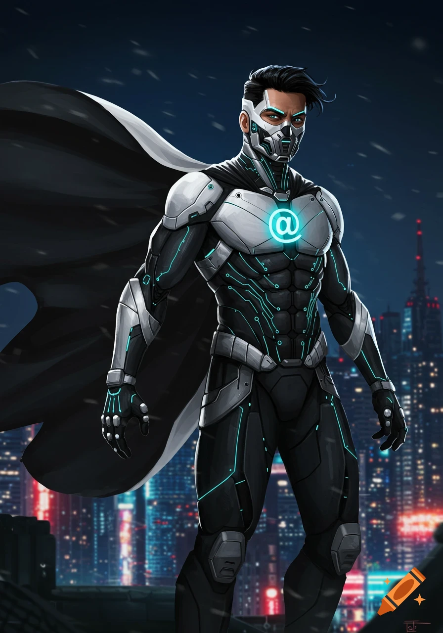 An Indian superhero in a black and white tech suit with an '@' symbol, masked face, and cape stands over a futuristic city at night.
