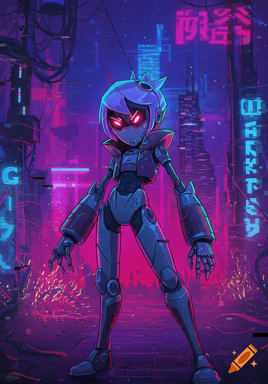 Uzi from Murder Drones, a robot with glowing red eyes, stands in a vibrant neon-lit cyberpunk city.