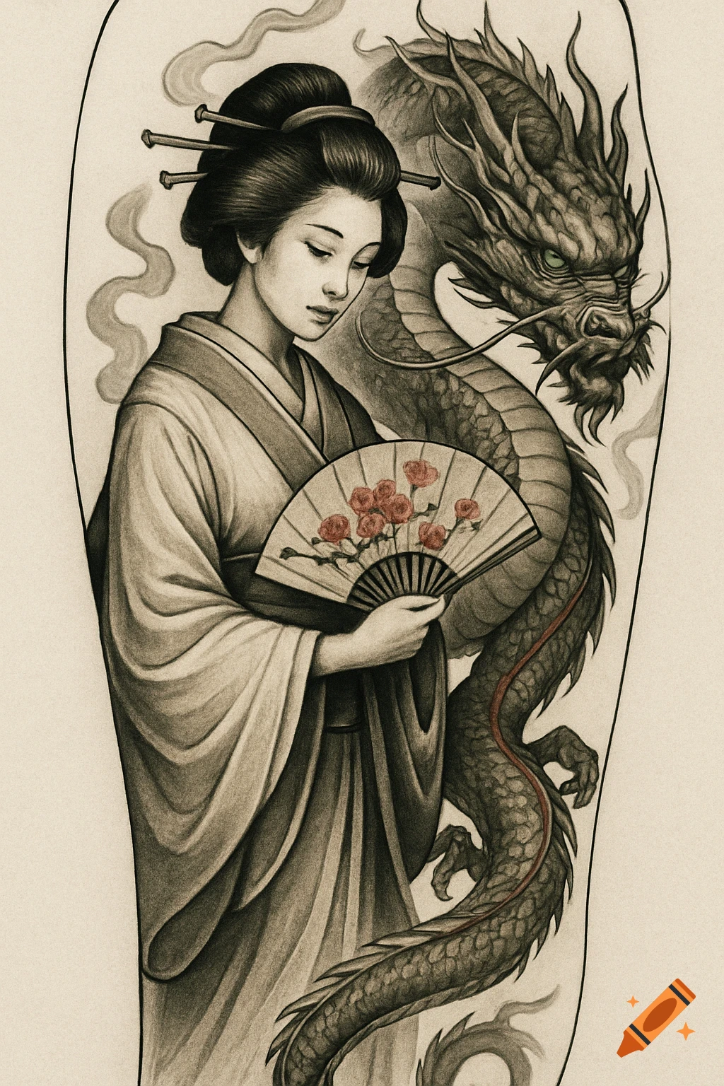 Sepia-toned tattoo stencil drawing of a geisha holding a fan with a detailed dragon behind her.