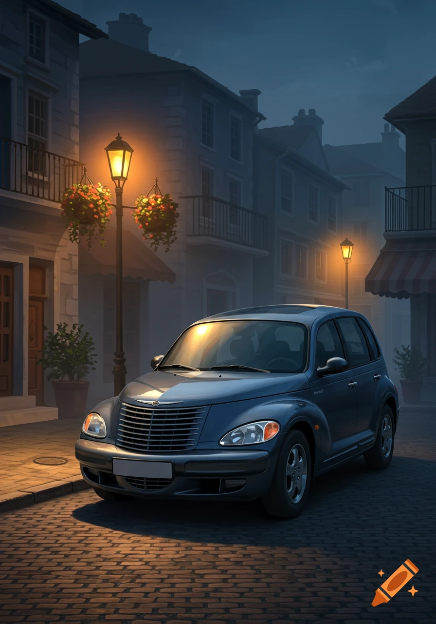 A dark blue Chrysler PT Cruiser parked on a cobblestone street at night, illuminated by glowing streetlights in a digital art style.