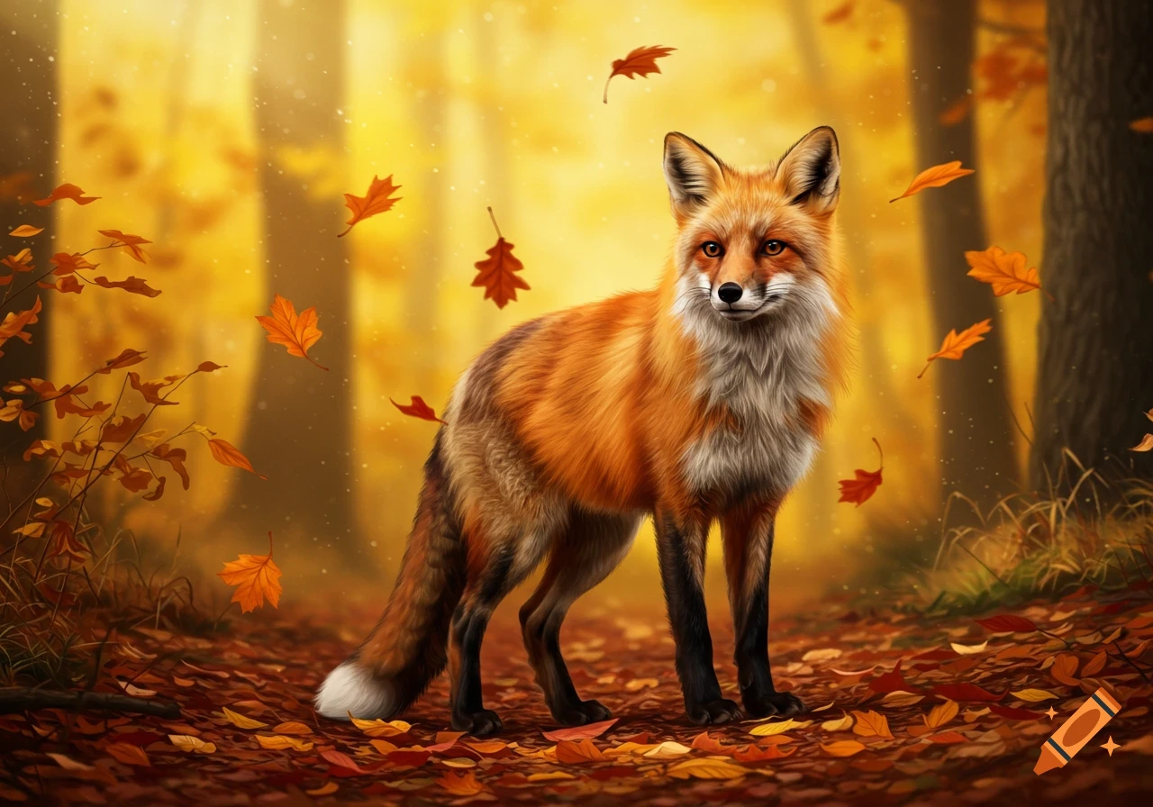A realistic red fox stands in an autumn forest with golden trees and falling orange leaves on the ground.