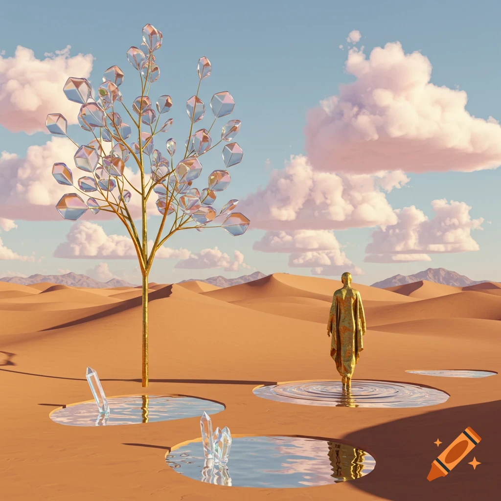 A surreal desert landscape features a golden figure in a water pool, a golden tree with crystal leaves, and crystal formations.