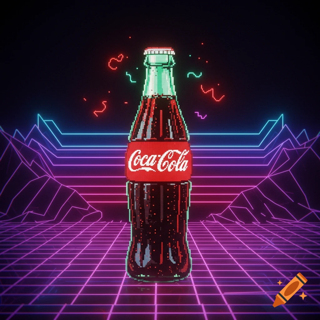 Pixel art Coca-Cola bottle on a neon grid background with retro mountains and confetti.