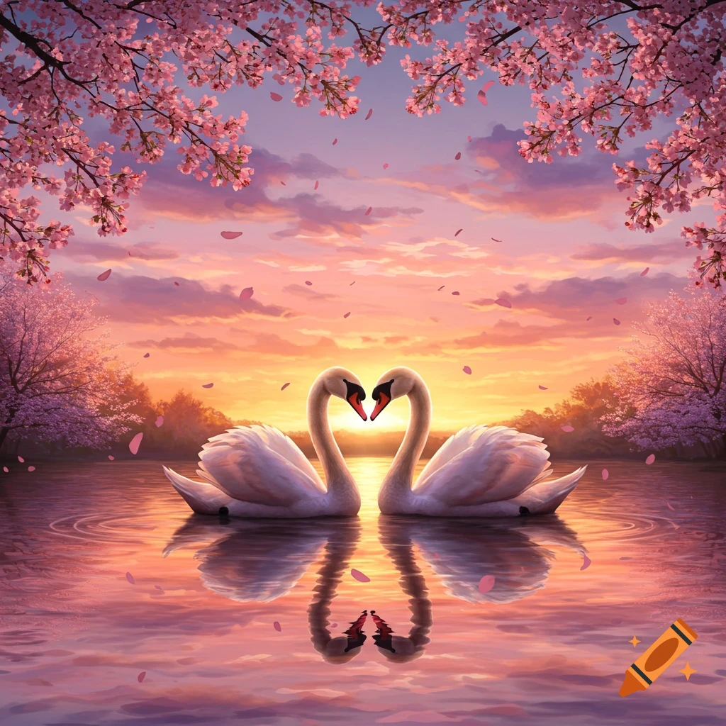 Two white swans form a heart shape on a lake at sunset, surrounded by pink cherry blossoms.