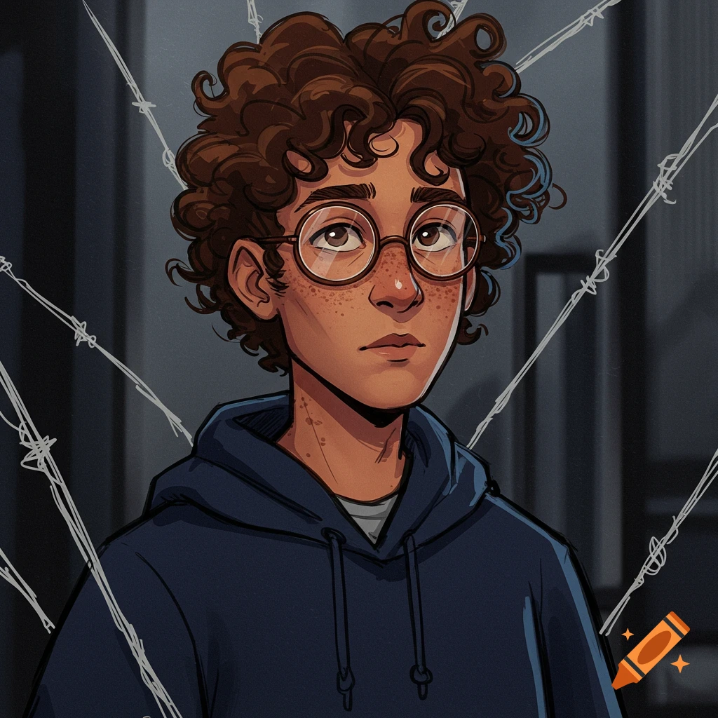 Digital art portrait of a young man with curly hair, glasses, freckles, and a navy hoodie, with sketchy white lines in the background.