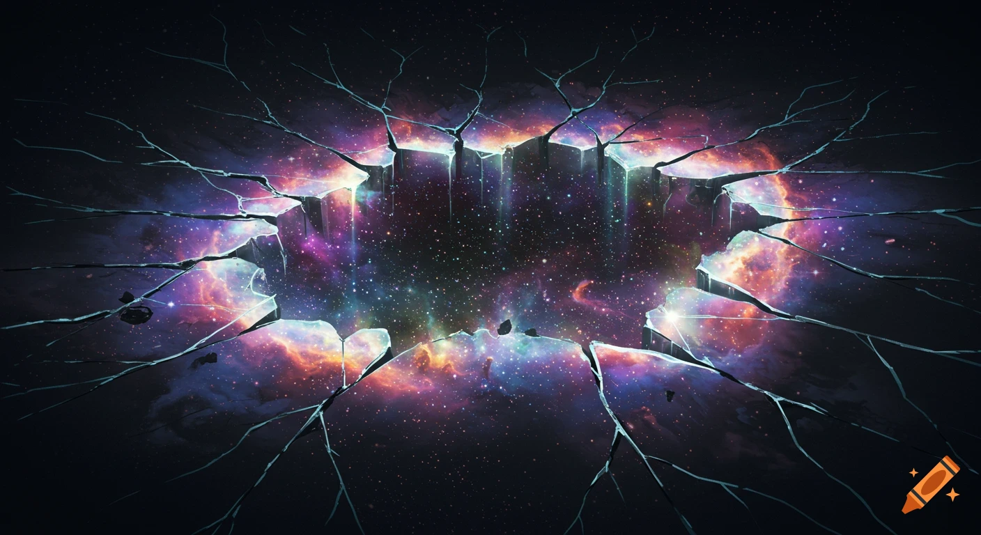 A vibrant cosmic scene showing a dark expanse fracturing to reveal colorful nebulae and stars through the cracks.